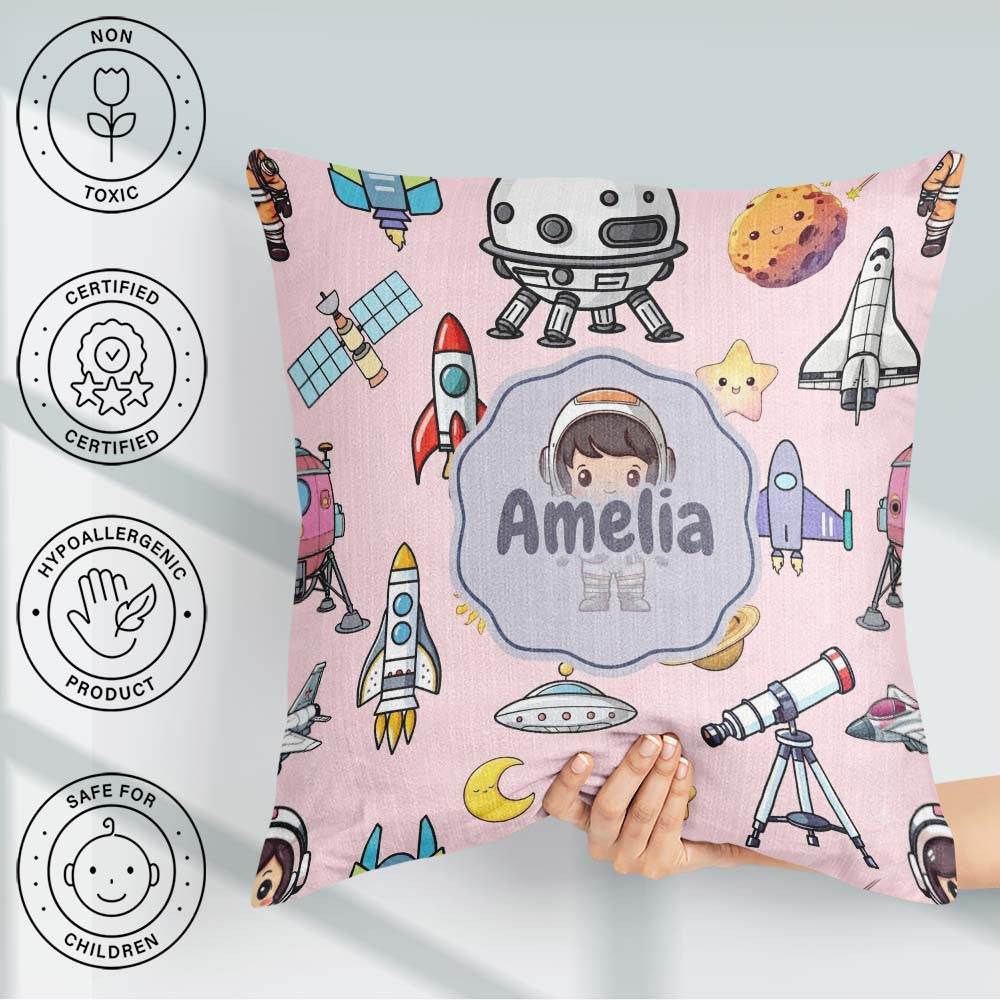 Custom Name Space Astronaut Rockets UFO Telescope Stars Seamless Square Filled Cushion Throw Pillow Sofa Bed Home Decor Zip Washable UK Made