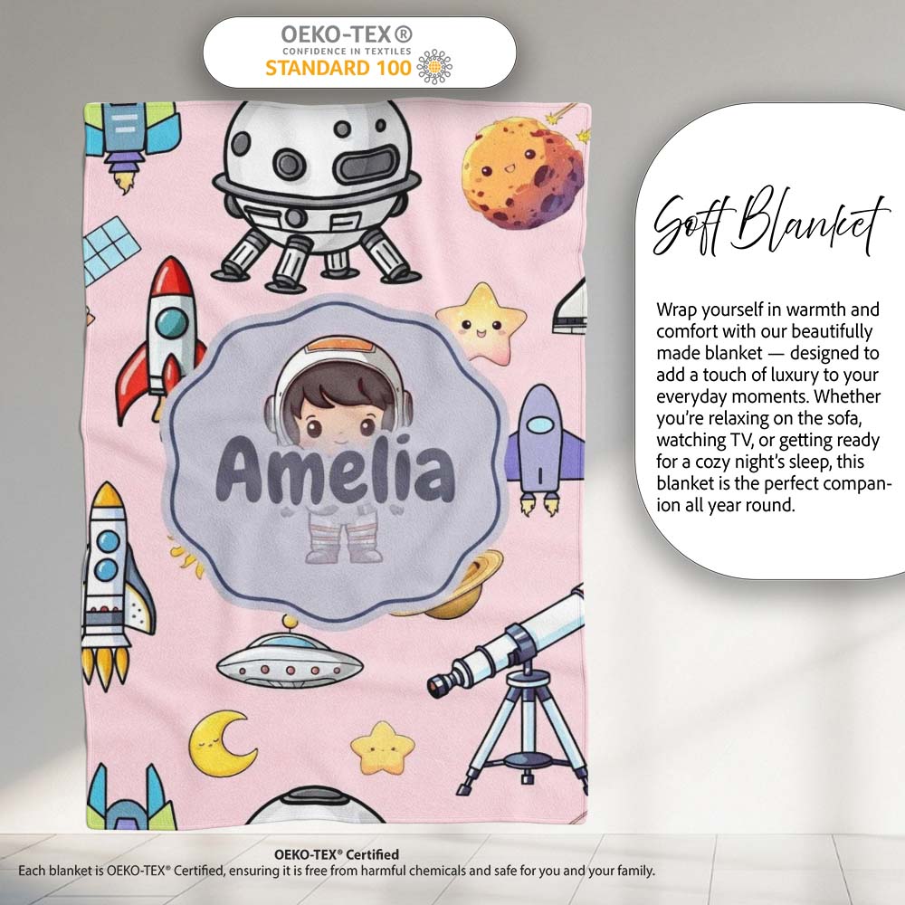Space Astronaut Rockets UFO Telescope Stars Seamless Blush Green  Personalised Custom Name Super Soft Fleece Blanket Bed Sofa Throw