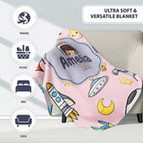 Space Astronaut Rockets UFO Telescope Stars Seamless Blush Green  Personalised Custom Name Super Soft Fleece Blanket Bed Sofa Throw