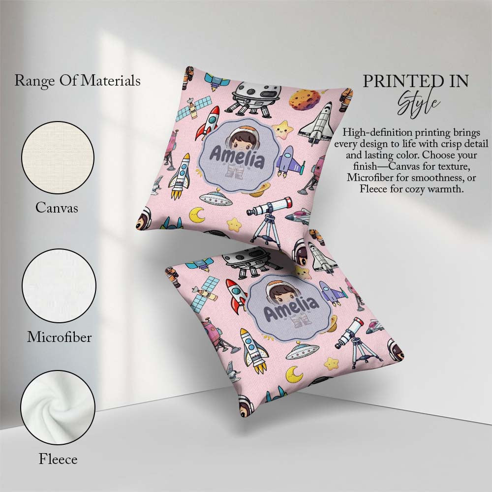Custom Name Space Astronaut Rockets UFO Telescope Stars Seamless Square Filled Cushion Throw Pillow Sofa Bed Home Decor Zip Washable UK Made