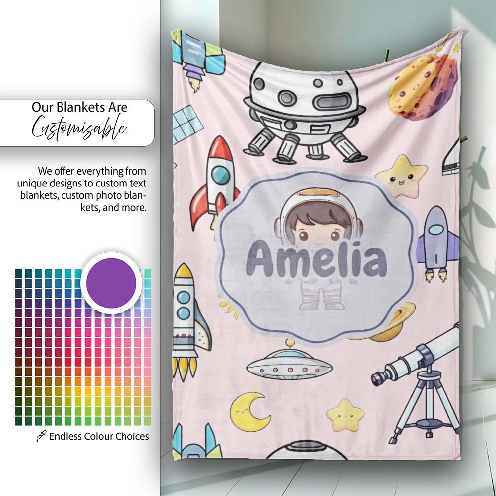 Space Astronaut Rockets UFO Telescope Stars Seamless Blush Green  Personalised Custom Name Super Soft Fleece Blanket Bed Sofa Throw