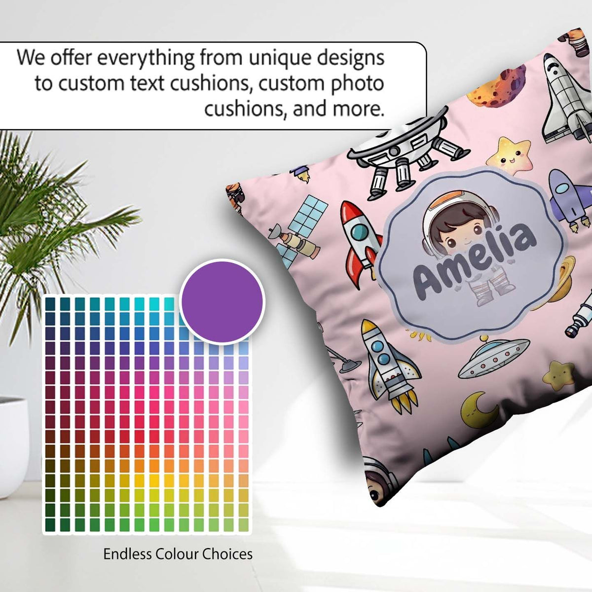 Custom Name Space Astronaut Rockets UFO Telescope Stars Seamless Square Filled Cushion Throw Pillow Sofa Bed Home Decor Zip Washable UK Made