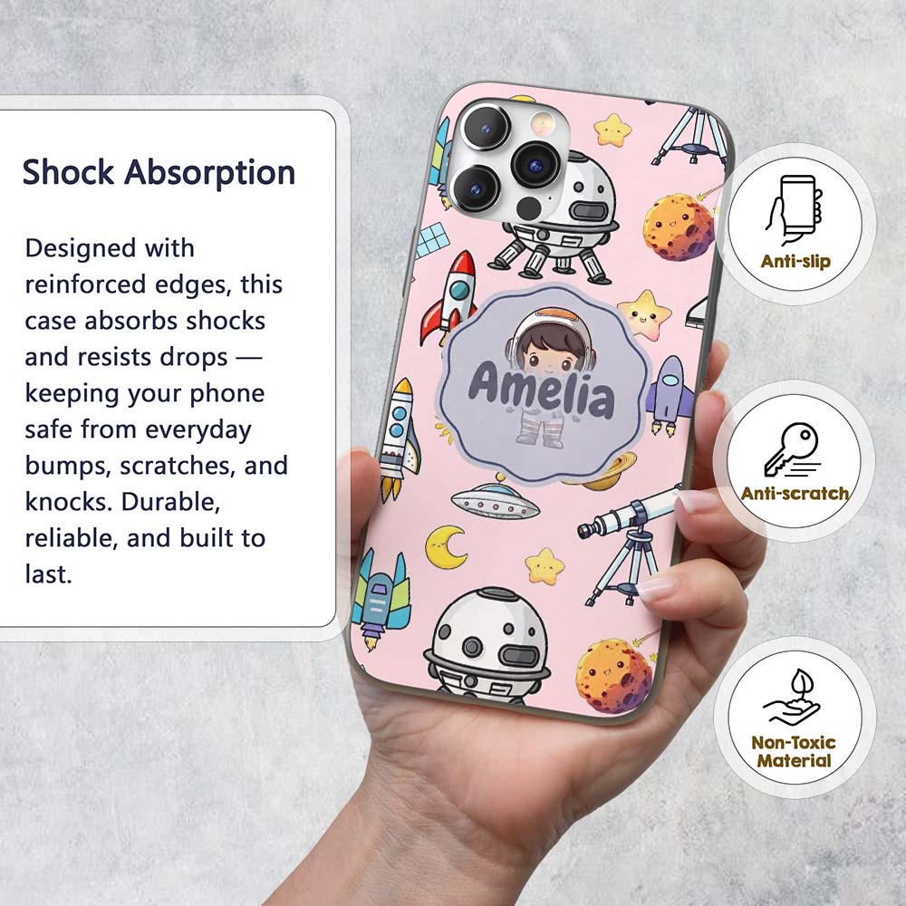 Space Astronaut Rockets UFO Decorative Design Custom Name Protective Phone Case Mobile Cover Durable Everyday Smartphone Shock Resistant