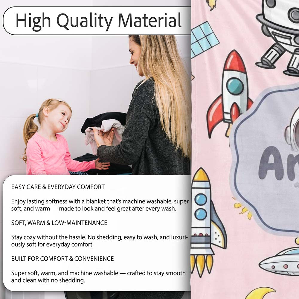 Space Astronaut Rockets UFO Telescope Stars Seamless Blush Green  Personalised Custom Name Super Soft Fleece Blanket Bed Sofa Throw