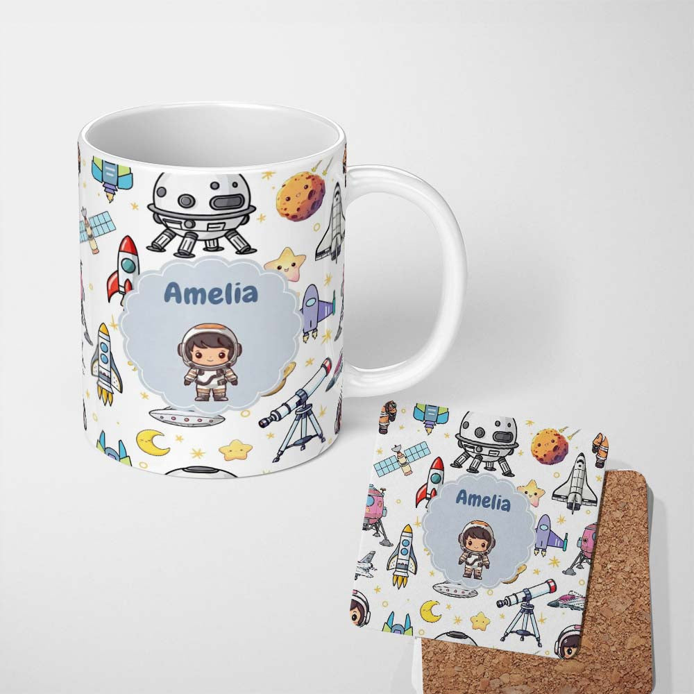 Personalized Custom Name Space Astronaut Rockets UFO Telescope Stars Seamless Light Grey 11oz Ceramic Coffee Tea Mug White Large Handle