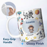 Personalized Custom Name Space Astronaut Rockets UFO Telescope Stars Seamless Light Grey 11oz Ceramic Coffee Tea Mug White Large Handle