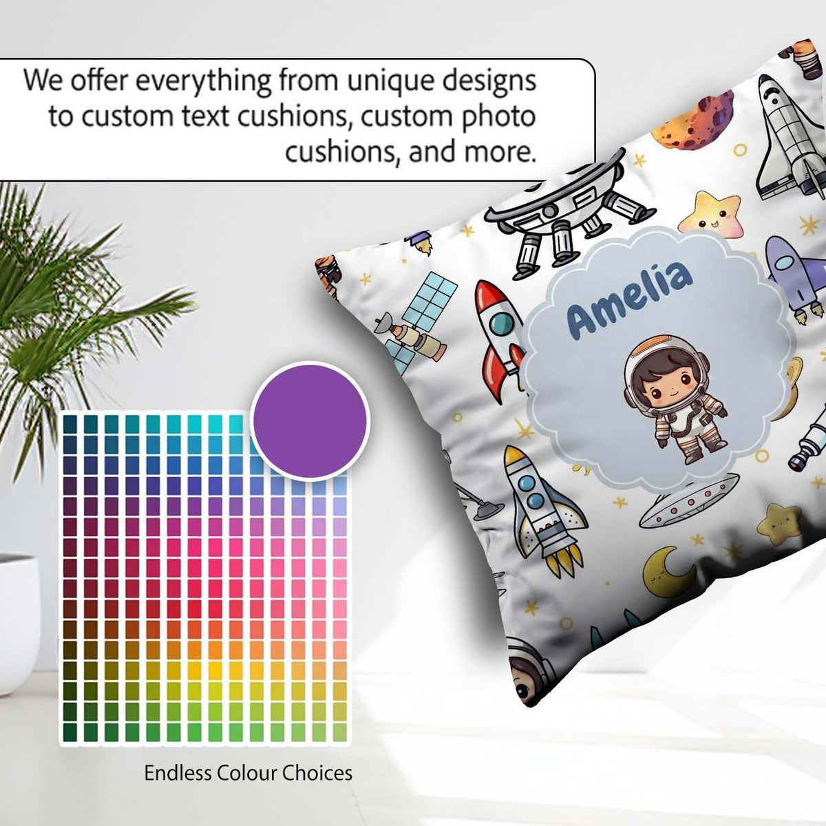 Custom Name Space Astronaut Rockets UFO Telescope Stars Seamless Square Filled Cushion Throw Pillow Sofa Bed Home Decor Zip Washable UK Made