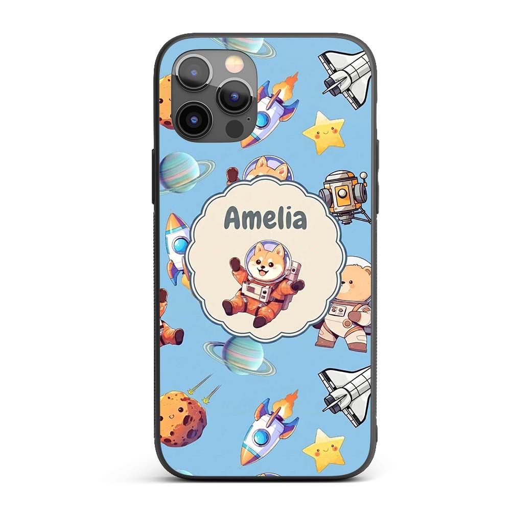 Space Dog Bear Astronaut Rockets Planets Stars Custom Name Protective Phone Case Mobile Cover Durable Everyday Smartphone Shock Resistant