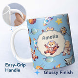 Personalized Custom Name Space Dog Bear Astronaut Rockets Planets Stars Seamless Blue 11oz Ceramic Coffee Tea Mug White Large Handle