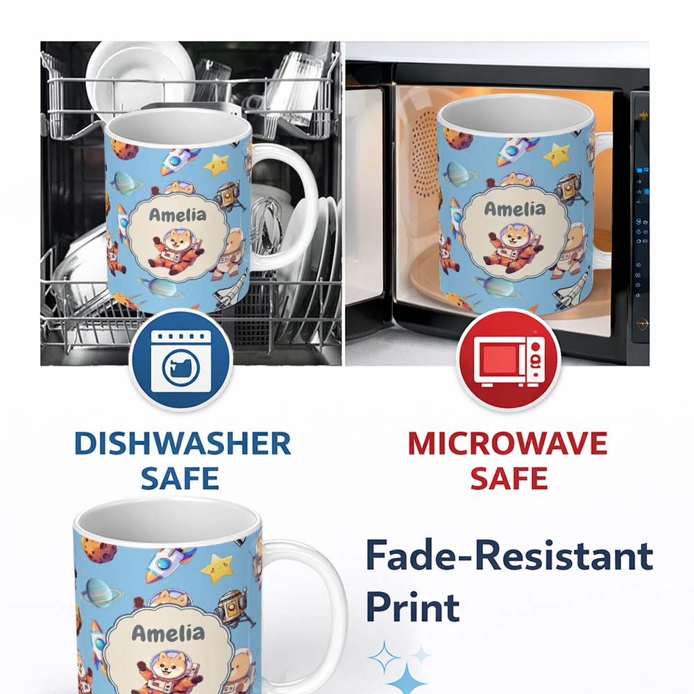 Personalized Custom Name Space Dog Bear Astronaut Rockets Planets Stars Seamless Blue 11oz Ceramic Coffee Tea Mug White Large Handle