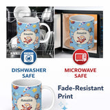 Personalized Custom Name Space Dog Bear Astronaut Rockets Planets Stars Seamless Blue 11oz Ceramic Coffee Tea Mug White Large Handle