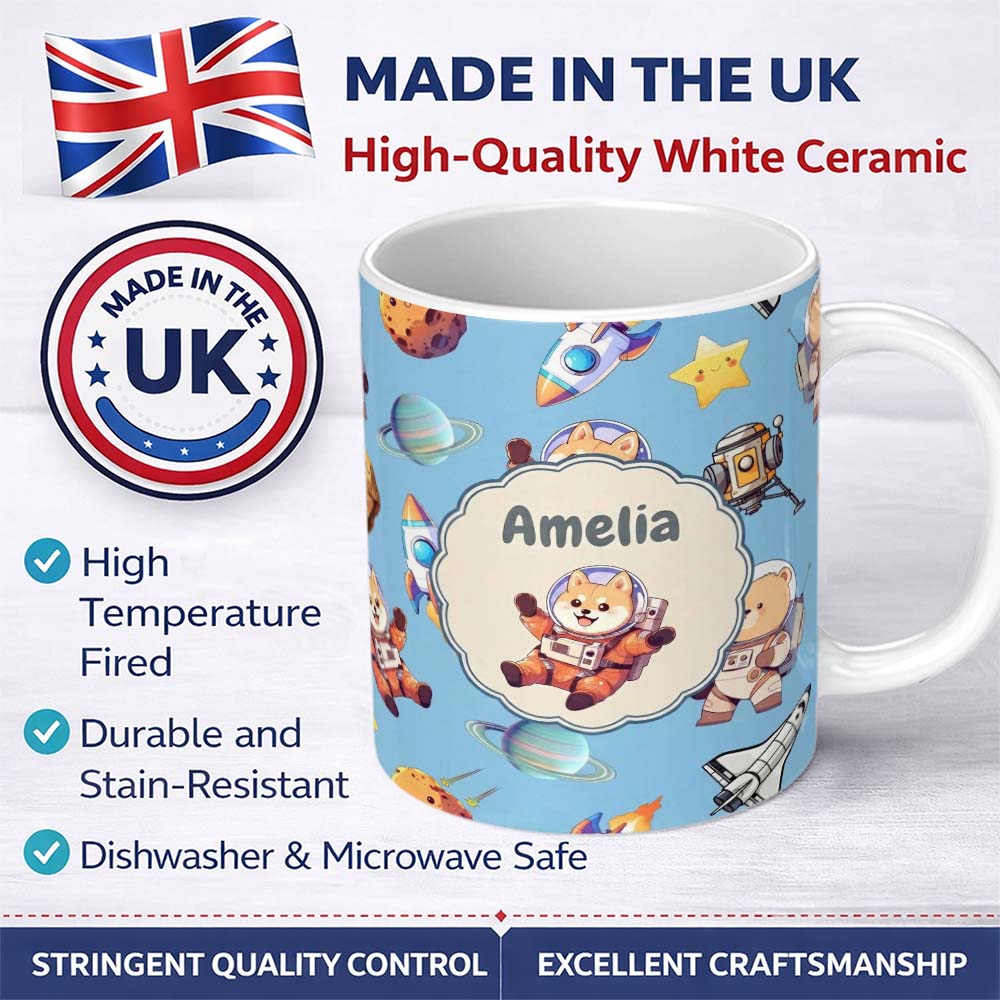 Personalized Custom Name Space Dog Bear Astronaut Rockets Planets Stars Seamless Blue 11oz Ceramic Coffee Tea Mug White Large Handle