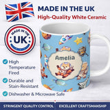 Personalized Custom Name Space Dog Bear Astronaut Rockets Planets Stars Seamless Blue 11oz Ceramic Coffee Tea Mug White Large Handle