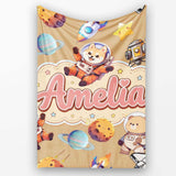 Space Dog Bear Astronaut Rockets Planets Stars Seamless Beige  Personalised Custom Name Super Soft Fleece Blanket Bed Sofa Throw