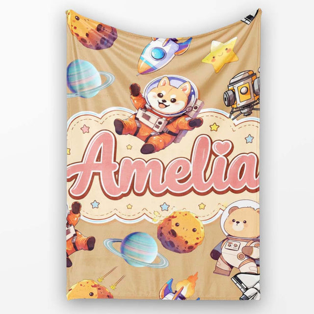 Space Dog Bear Astronaut Rockets Planets Stars Seamless Beige  Personalised Custom Name Super Soft Fleece Blanket Bed Sofa Throw