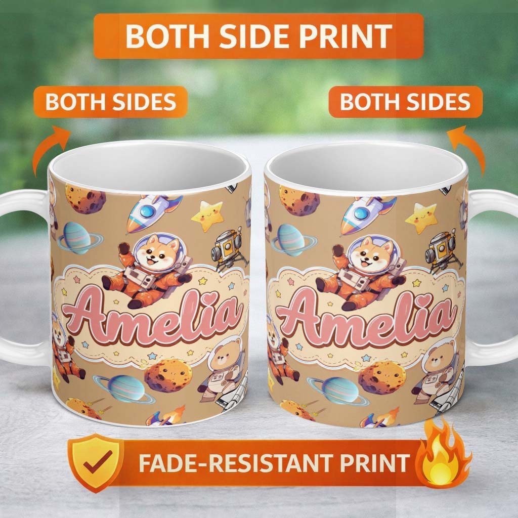 Personalized Custom Name Space Dog Bear Astronaut Rockets Planets Stars Seamless Beige 11oz Ceramic Coffee Tea Mug White Large Handle
