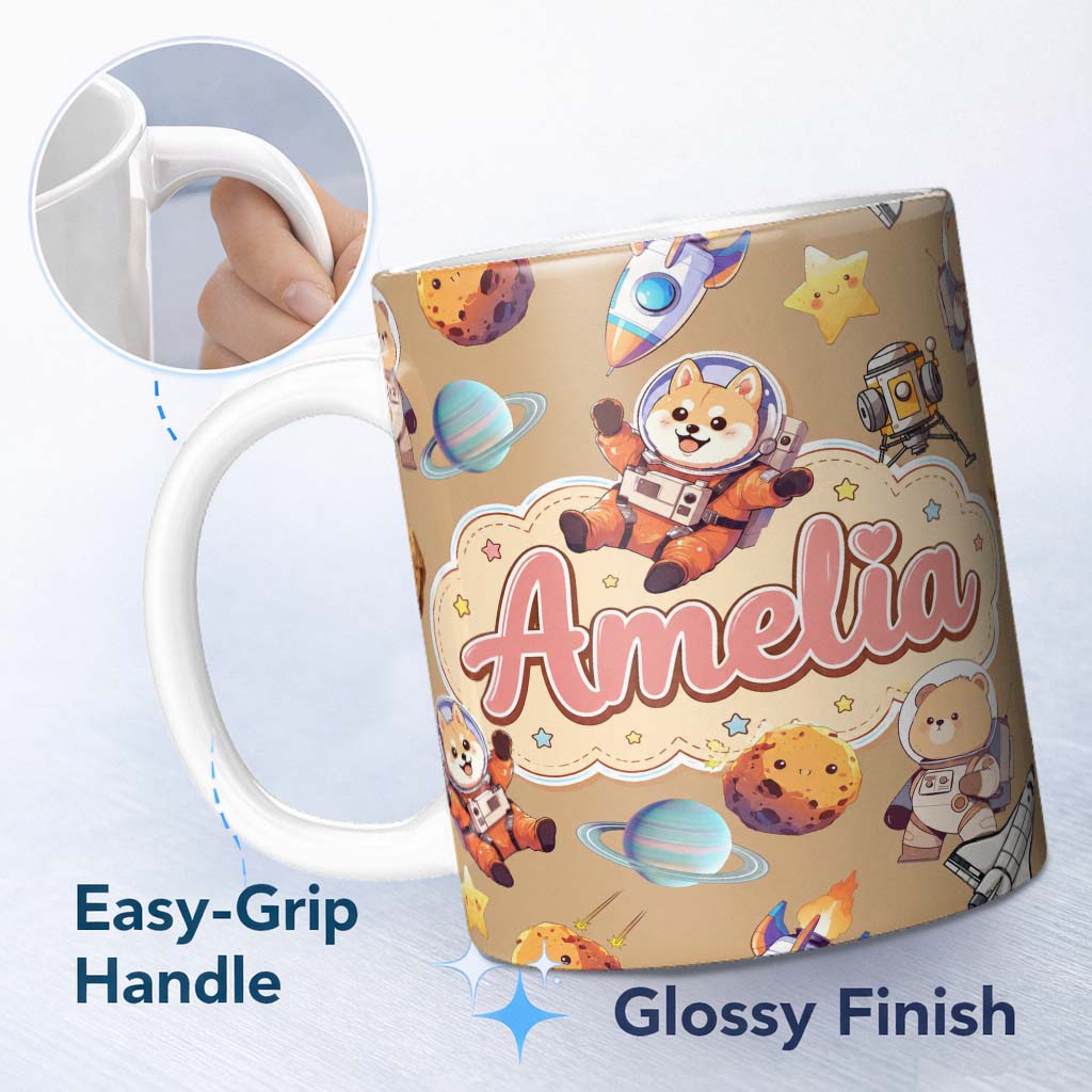 Personalized Custom Name Space Dog Bear Astronaut Rockets Planets Stars Seamless Beige 11oz Ceramic Coffee Tea Mug White Large Handle