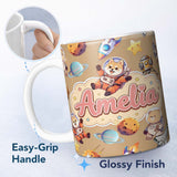Personalized Custom Name Space Dog Bear Astronaut Rockets Planets Stars Seamless Beige 11oz Ceramic Coffee Tea Mug White Large Handle