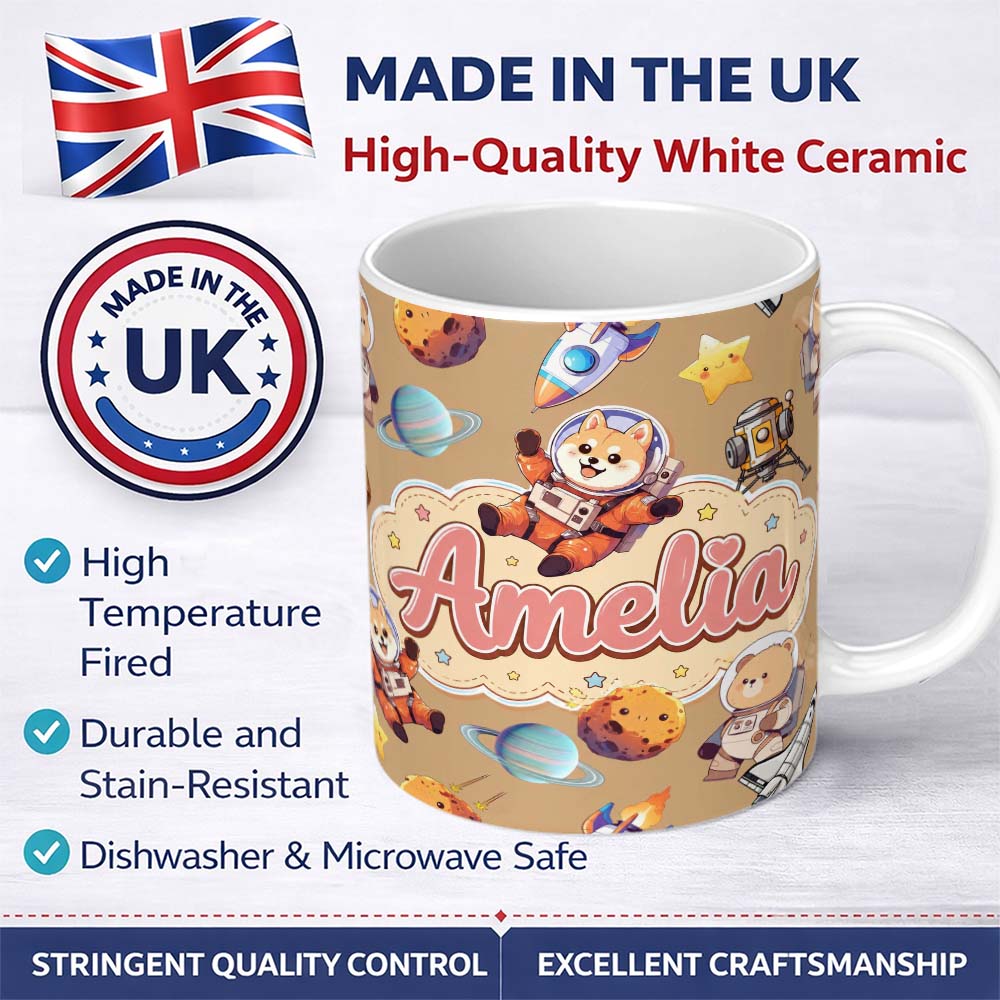 Personalized Custom Name Space Dog Bear Astronaut Rockets Planets Stars Seamless Beige 11oz Ceramic Coffee Tea Mug White Large Handle