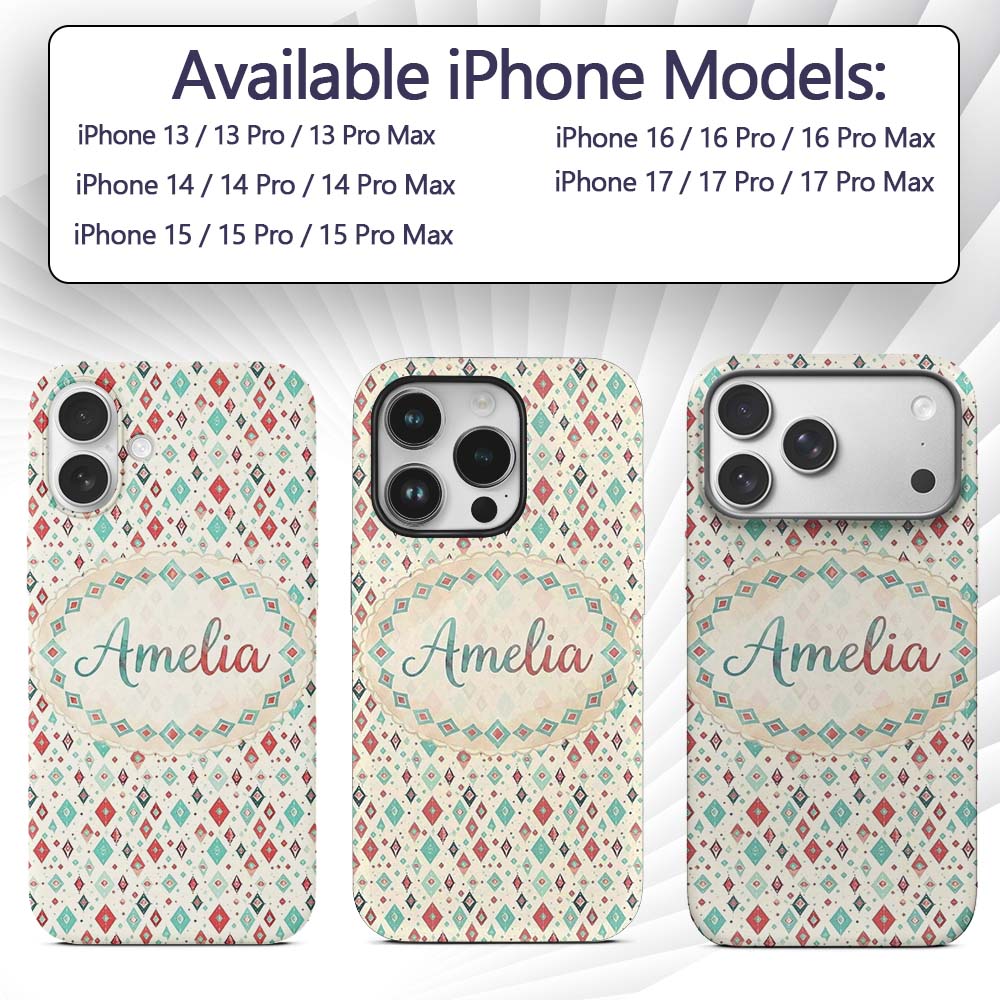 Diamond Geometric Seamless Pattern in Red Teal Custom Name Protective Phone Case Mobile Cover Durable Everyday Smartphone Shock Resistant