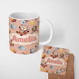 Personalized Custom Name Space Dog Bear Astronaut Rockets Planets Stars Seamless Peach 11oz Ceramic Coffee Tea Mug White Large Handle