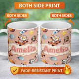 Personalized Custom Name Space Dog Bear Astronaut Rockets Planets Stars Seamless Peach 11oz Ceramic Coffee Tea Mug White Large Handle