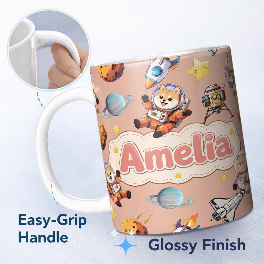 Personalized Custom Name Space Dog Bear Astronaut Rockets Planets Stars Seamless Peach 11oz Ceramic Coffee Tea Mug White Large Handle
