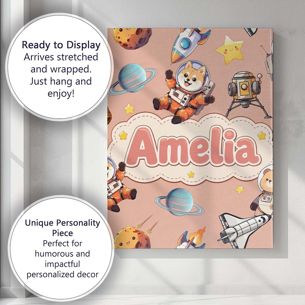 Personalised Name Space Dog Bear Astronaut Custom  Unique Gift Idea Elegant Feature Canvas Wall Art Print Decor Picture Ready to Hang
