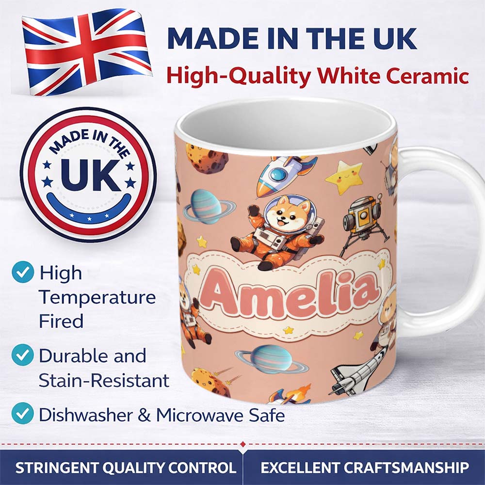 Personalized Custom Name Space Dog Bear Astronaut Rockets Planets Stars Seamless Peach 11oz Ceramic Coffee Tea Mug White Large Handle