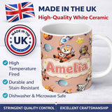 Personalized Custom Name Space Dog Bear Astronaut Rockets Planets Stars Seamless Peach 11oz Ceramic Coffee Tea Mug White Large Handle