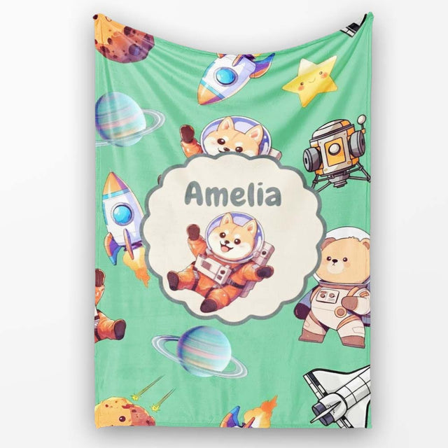 Space Dog Bear Astronaut Rockets Planets Stars Seamless Green  Personalised Custom Name Super Soft Fleece Blanket Bed Sofa Throw
