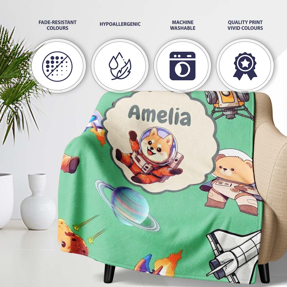 Space Dog Bear Astronaut Rockets Planets Stars Seamless Green  Personalised Custom Name Super Soft Fleece Blanket Bed Sofa Throw