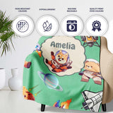 Space Dog Bear Astronaut Rockets Planets Stars Seamless Green  Personalised Custom Name Super Soft Fleece Blanket Bed Sofa Throw