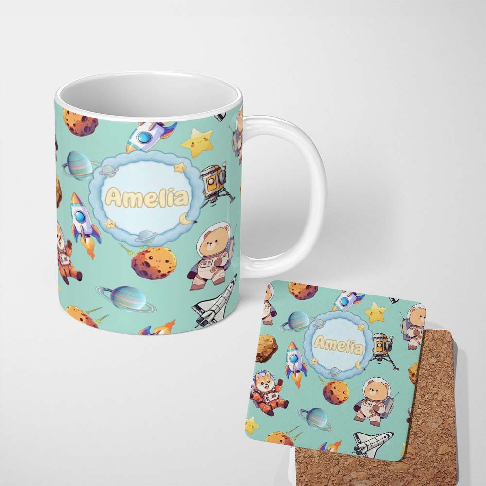 Personalized Custom Name Space Dog Bear Astronaut Rockets Planets Stars Seamless Teal 11oz Ceramic Coffee Tea Mug White Large Handle