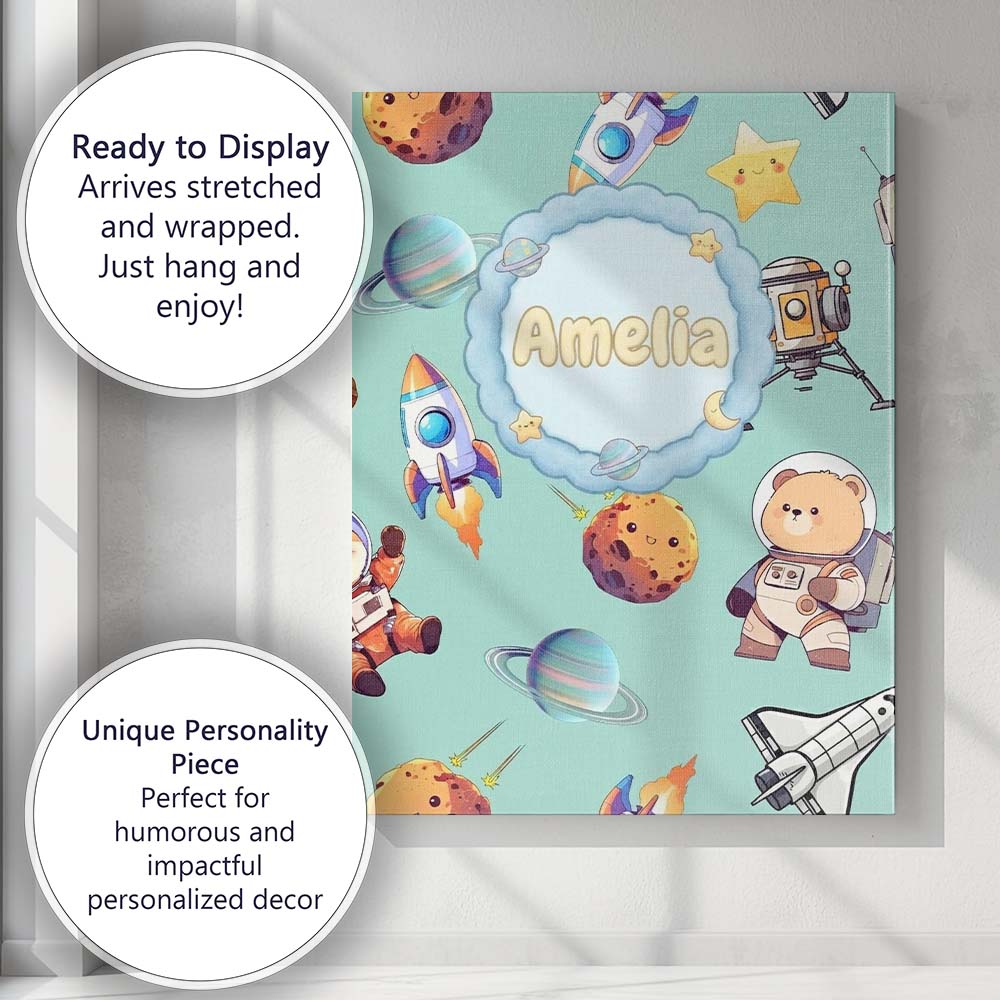 Personalised Name Space Dog Bear Astronaut Custom  Unique Gift Idea Elegant Feature Canvas Wall Art Print Decor Picture Ready to Hang