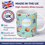 Personalized Custom Name Space Dog Bear Astronaut Rockets Planets Stars Seamless Teal 11oz Ceramic Coffee Tea Mug White Large Handle