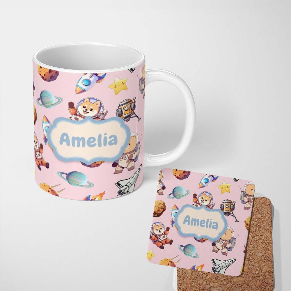 Personalized Custom Name Space Dog Bear Astronaut Rockets Planets Stars Seamless Blush Pink 11oz Ceramic Coffee Tea Mug White Large Handle