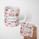 Personalized Custom Name Space Dog Bear Astronaut Rockets Planets Stars Seamless Blush Pink 11oz Ceramic Coffee Tea Mug White Large Handle