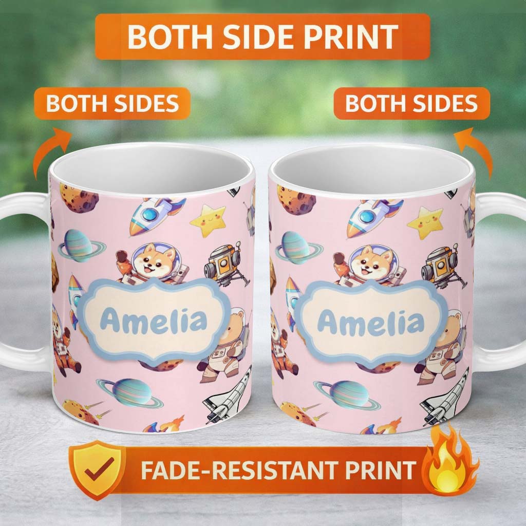 Personalized Custom Name Space Dog Bear Astronaut Rockets Planets Stars Seamless Blush Pink 11oz Ceramic Coffee Tea Mug White Large Handle