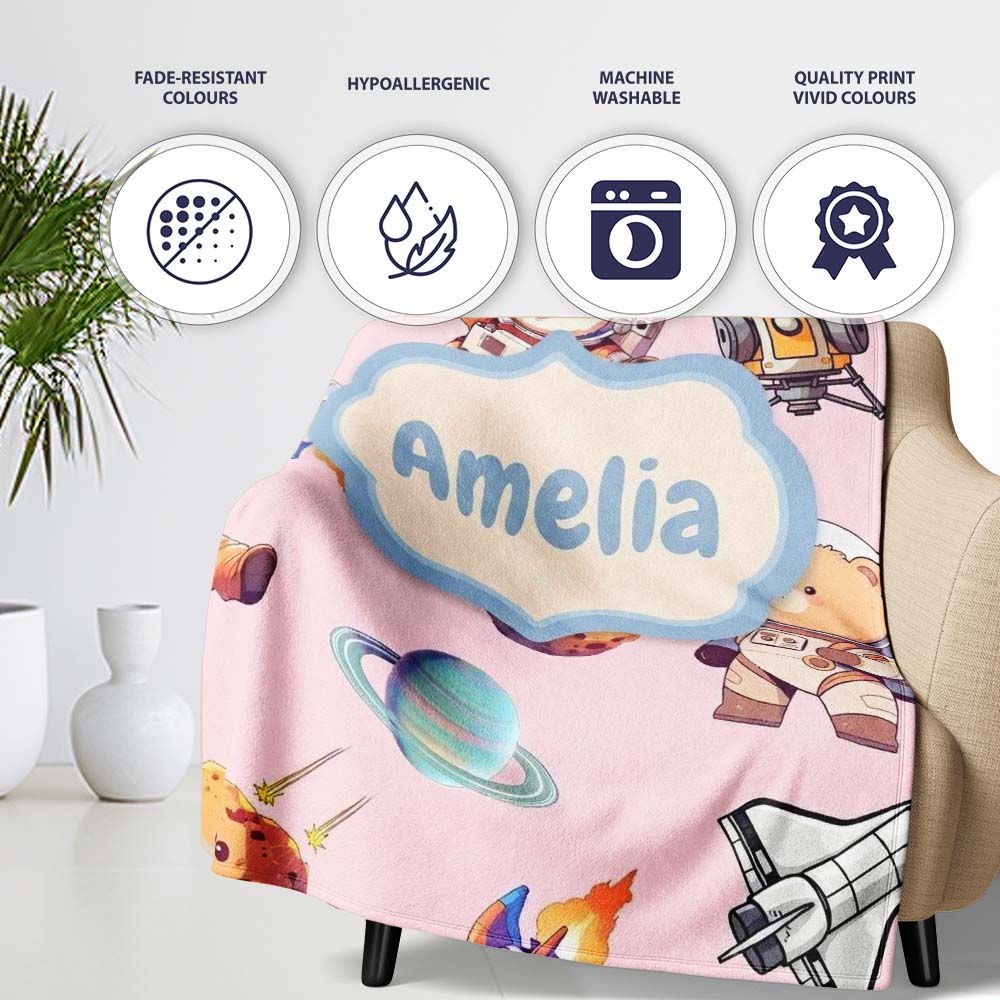 Space Dog Bear Astronaut Rockets Planets Stars Seamless Blush Pink  Personalised Custom Name Super Soft Fleece Blanket Bed Sofa Throw