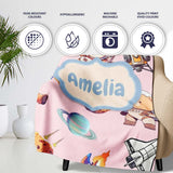 Space Dog Bear Astronaut Rockets Planets Stars Seamless Blush Pink  Personalised Custom Name Super Soft Fleece Blanket Bed Sofa Throw