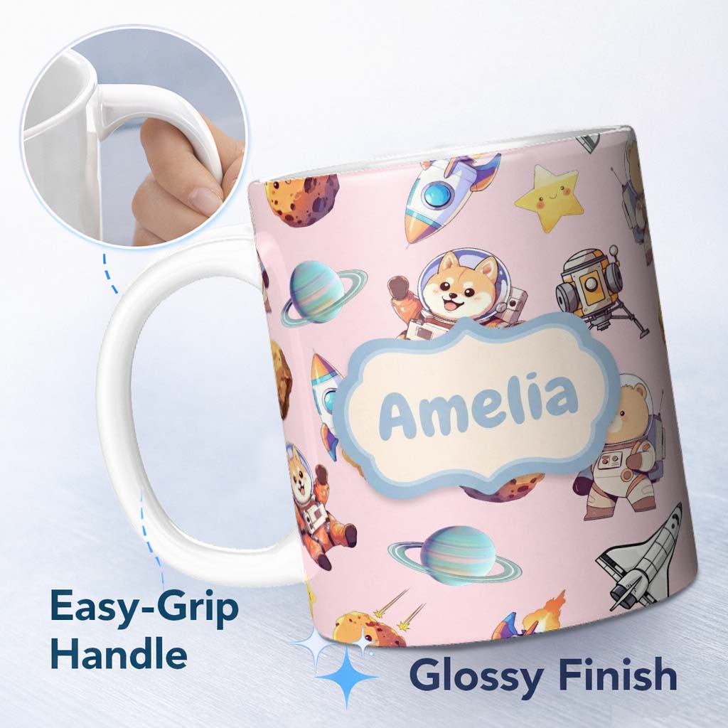 Personalized Custom Name Space Dog Bear Astronaut Rockets Planets Stars Seamless Blush Pink 11oz Ceramic Coffee Tea Mug White Large Handle