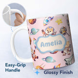 Personalized Custom Name Space Dog Bear Astronaut Rockets Planets Stars Seamless Blush Pink 11oz Ceramic Coffee Tea Mug White Large Handle