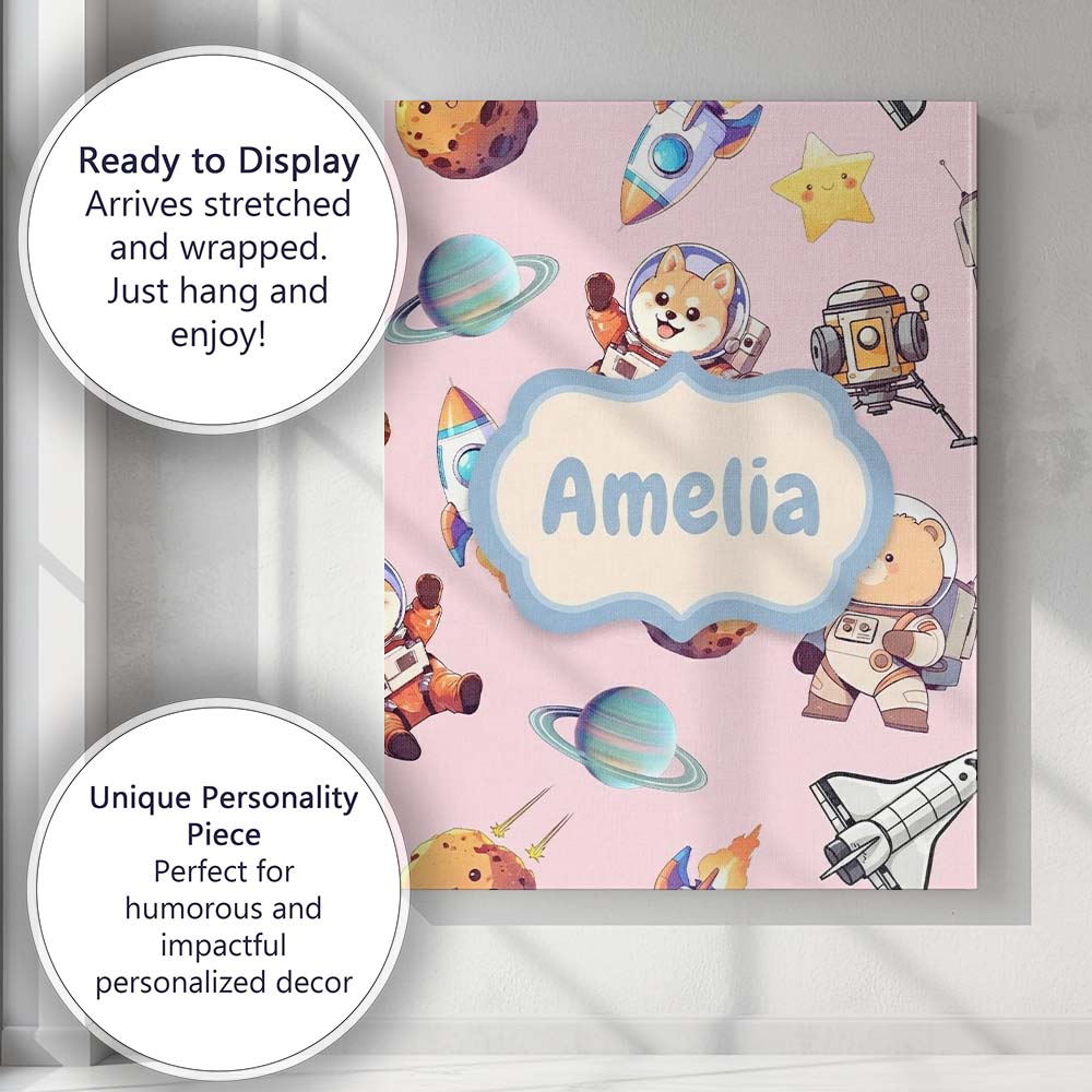 Personalised Name Space Dog Bear Astronaut Custom  Unique Gift Idea Elegant Feature Canvas Wall Art Print Decor Picture Ready to Hang