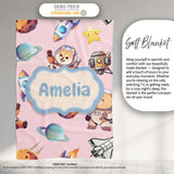 Space Dog Bear Astronaut Rockets Planets Stars Seamless Blush Pink  Personalised Custom Name Super Soft Fleece Blanket Bed Sofa Throw