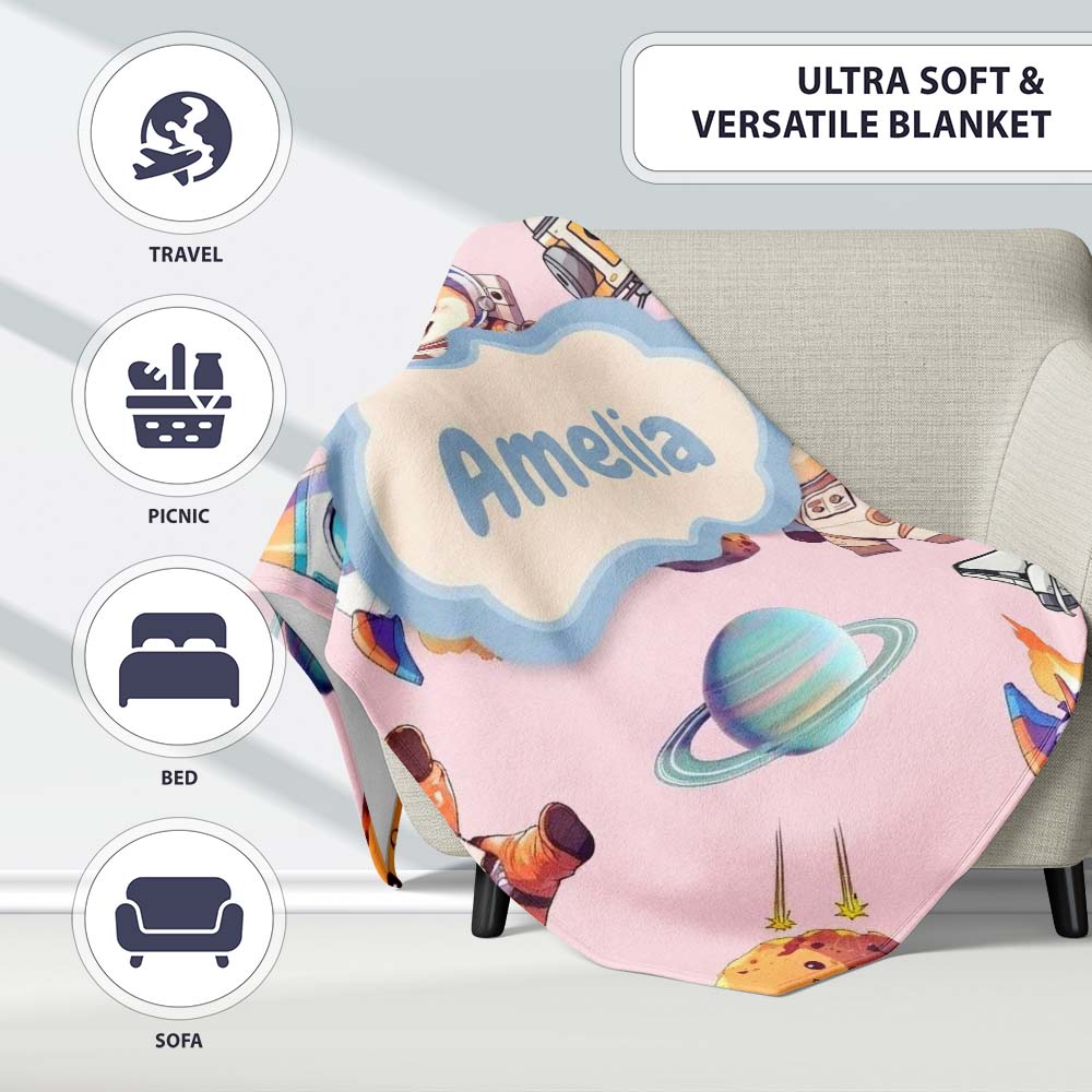 Space Dog Bear Astronaut Rockets Planets Stars Seamless Blush Pink  Personalised Custom Name Super Soft Fleece Blanket Bed Sofa Throw
