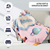 Space Dog Bear Astronaut Rockets Planets Stars Seamless Blush Pink  Personalised Custom Name Super Soft Fleece Blanket Bed Sofa Throw