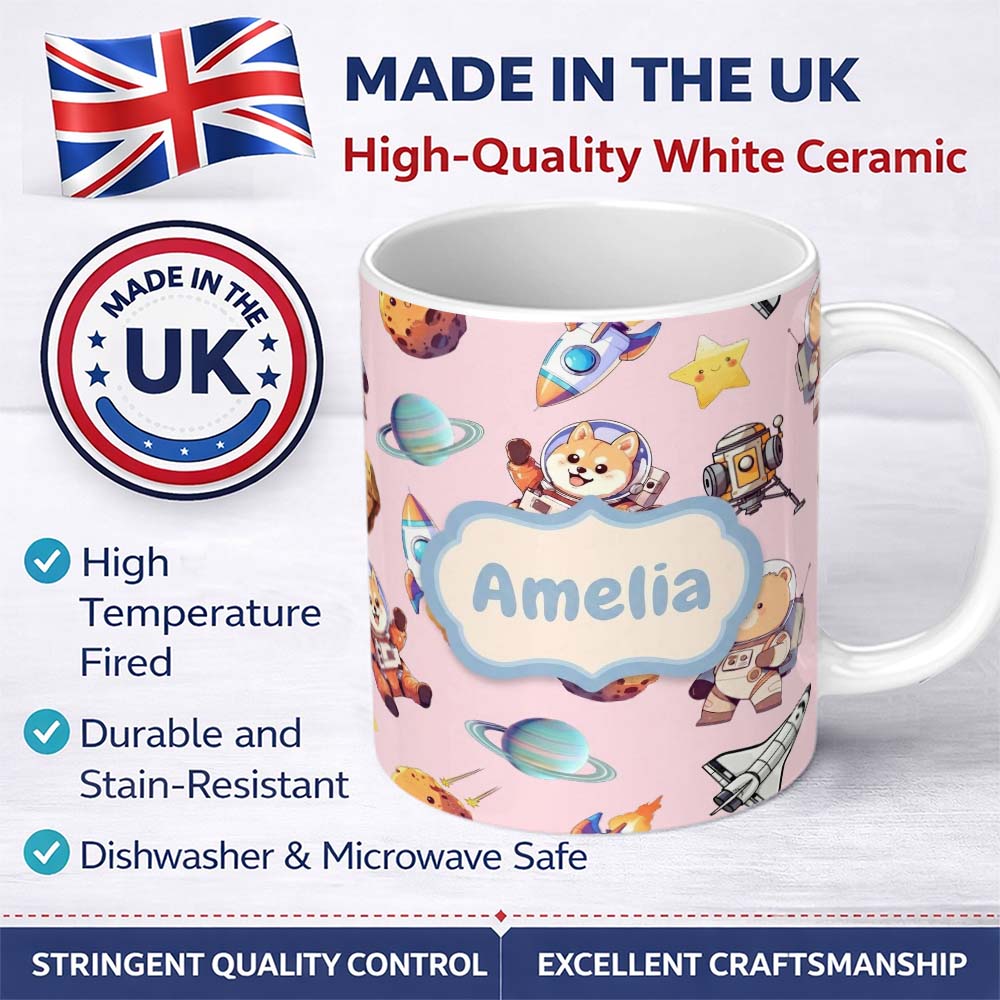 Personalized Custom Name Space Dog Bear Astronaut Rockets Planets Stars Seamless Blush Pink 11oz Ceramic Coffee Tea Mug White Large Handle