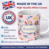 Personalized Custom Name Space Dog Bear Astronaut Rockets Planets Stars Seamless Blush Pink 11oz Ceramic Coffee Tea Mug White Large Handle