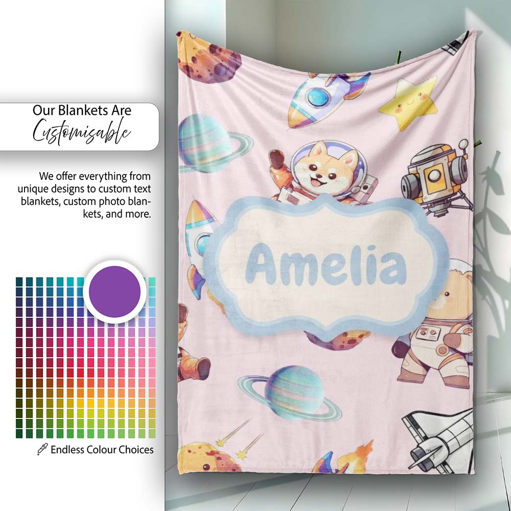 Space Dog Bear Astronaut Rockets Planets Stars Seamless Blush Pink  Personalised Custom Name Super Soft Fleece Blanket Bed Sofa Throw